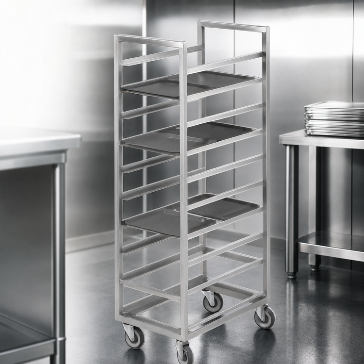 Product image #3 for Channel Manufacturing Stainless Steel Single-Section Cafeteria Tray Rack on Casters, End Load, 10-Tray Capacity, 15 x 20 Tray Size