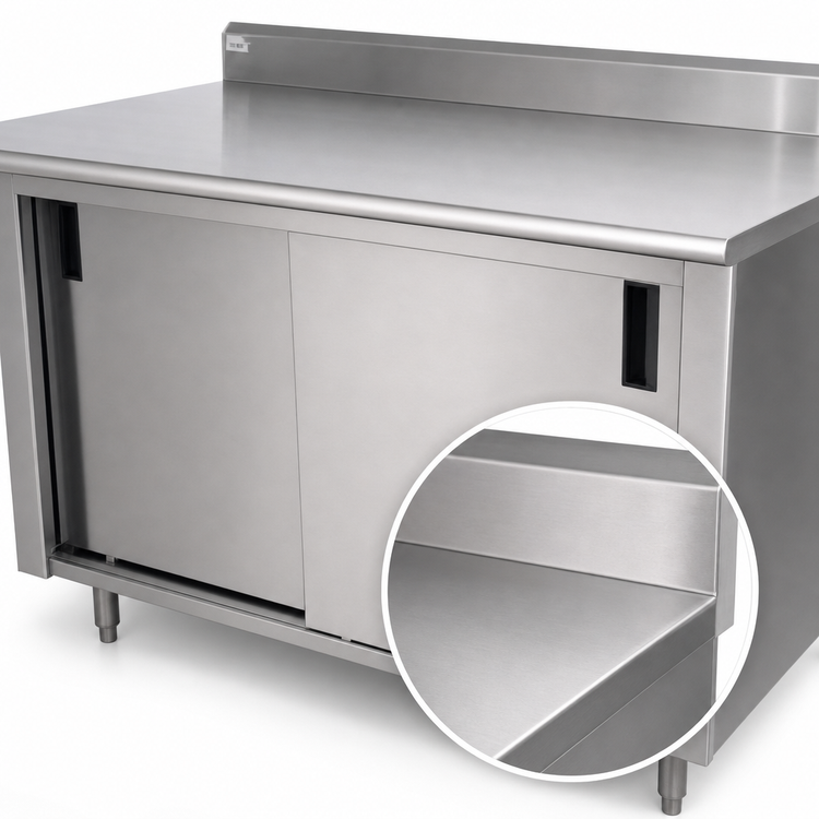 Product image #3 for Advance Tabco Special Value Economy Enclosed Work Table with Cabinet Base, 96 x 24 Inch, 16 Gauge 304 Stainless Steel Top, 5 Inch Backsplash