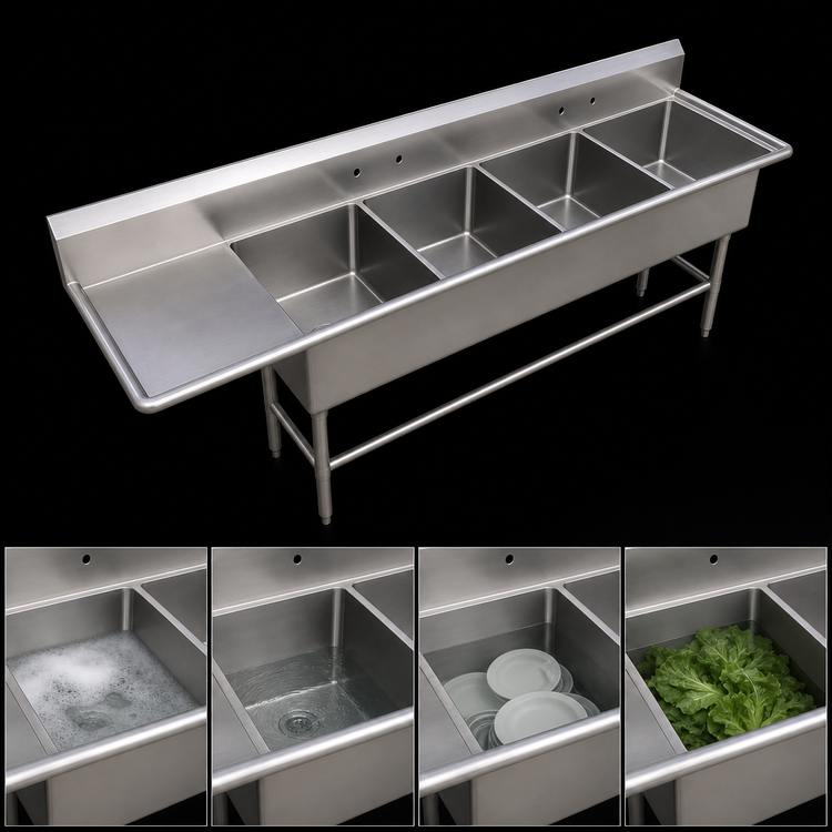 Product image #3 for John Boos Pro-Bowl 4-Compartment Stainless Steel Sink with Left 30-Inch Drainboard, 24 x 24 x 12-Inch Bowls
