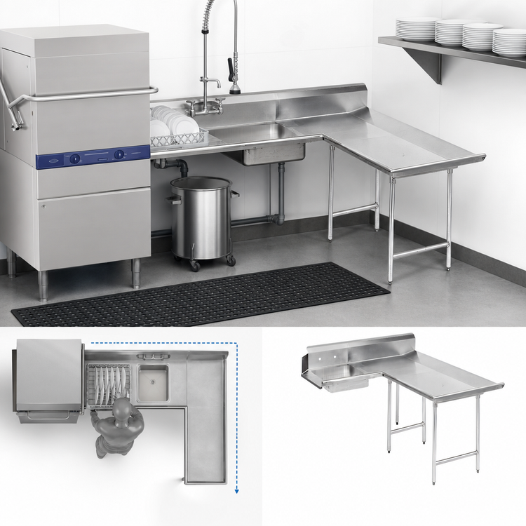 Product image #3 for Advance Tabco L-Shaped Corner Dish Table with Right-Hand Landing and Pre-Rinse Sink, 71 Inches, 14/304 Stainless Steel