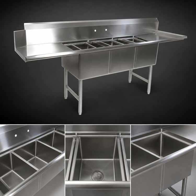 Product image #3 for John Boos Straight Triple-Compartment Dishtable/Pot Sink with 2 Drainboards and Left Dish Machine Attachment