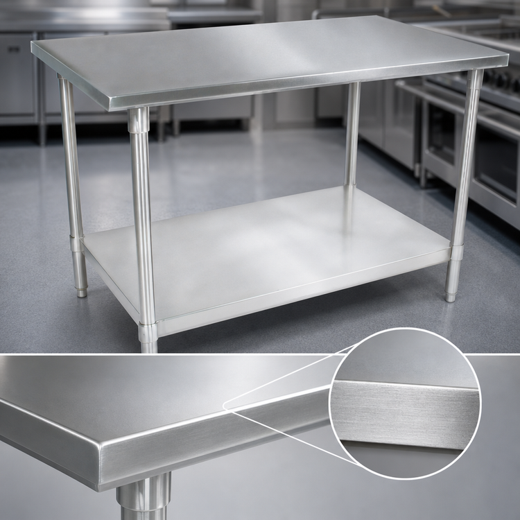 Product image #3 for John Boos Stallion 120"W x 36"D Flat Top Stainless Steel Work Table with Adjustable Undershelf and Safety Edge