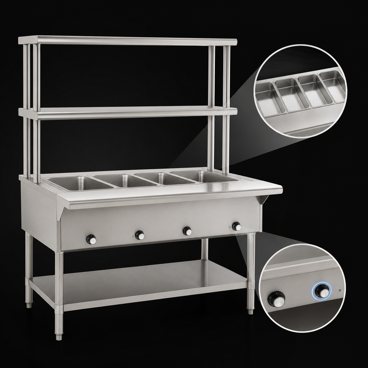 Product image #3 for Eagle Group 63-1/2-Inch Natural Gas Hot Food Table with 4 Dry Wells, Open Base, and Double-Tier Flex-Master Overshelves