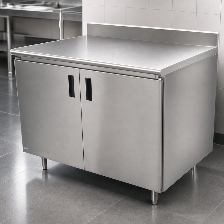 Product image #3 for Advance Tabco Special Value Economy Enclosed Work Table with Sliding Door Cabinet Base, 120 x 30 Inch, 16 Gauge 304 Stainless Steel Top, 5 Inch Backsplash