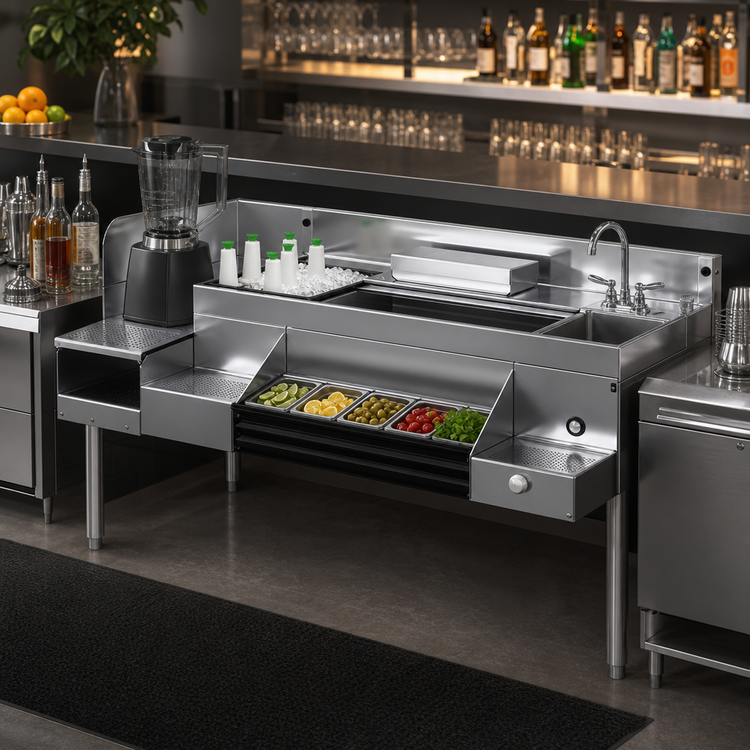 Product image #3 for Glastender 66-Inch All-In-One Underbar Ice Bin/Cocktail Station with Sink, Blender Shelf, and 10-Circuit Cold Plate