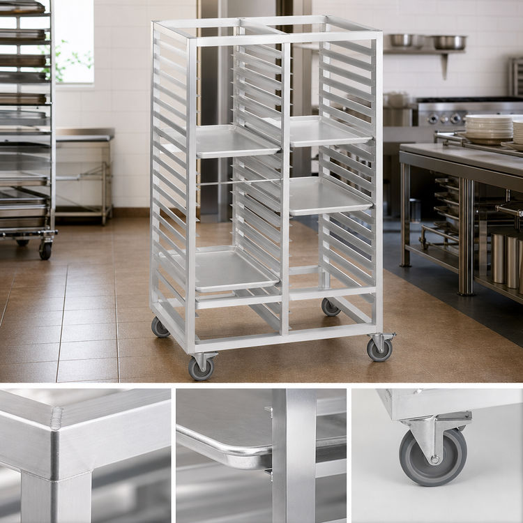 Product image #3 for Standard Series Double-Section Aluminum Cafeteria Tray Rack with 5-Inch Swivel Stem Casters, 36-Tray Capacity, 45 x 30 x 36 Inches