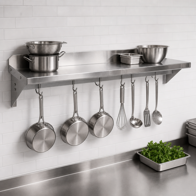 Product image #3 for John Boos Stallion Wall-Mount Stainless Steel Pot Rack Shelf with 8 Hooks, 96 Inch x 18 Inch