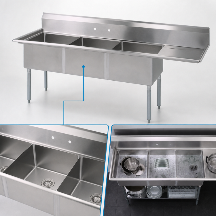 Product image #3 for BK Resources Three Compartment Stainless Steel Sink with Right Drainboard and 16 x 20 x 12 Inch Compartments