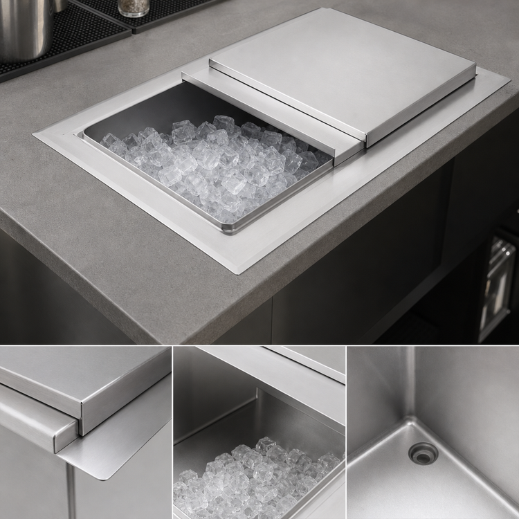Product image #4 for John Boos Drop-In Insulated Stainless Steel Ice Bin with Sliding Lid and Drain, 28 x 18 x 12 Inches, Without Cold Plate