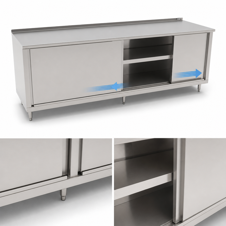 Product image #3 for John Boos Enclosed Work Table with Sliding Doors, 96 x 24 in, 14-Gauge 300 Series Stainless Steel Top, 1-1/2 in Rear Riser