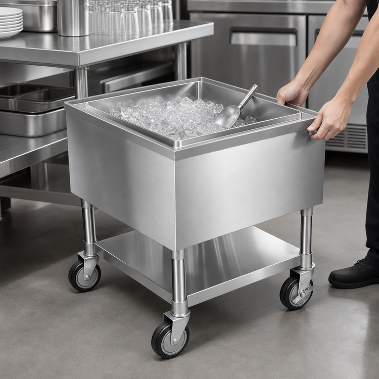 Product image #3 for Mobile Stainless Steel Ice Caddy with Undershelf and 5-Inch Casters