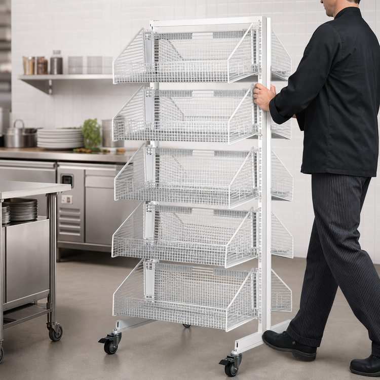 Product image #3 for Quantum Mobile Single-Sided Partition Wall Add-On Unit with Baskets, White/Chrome Finish, 18 x 26 x 74 Inches