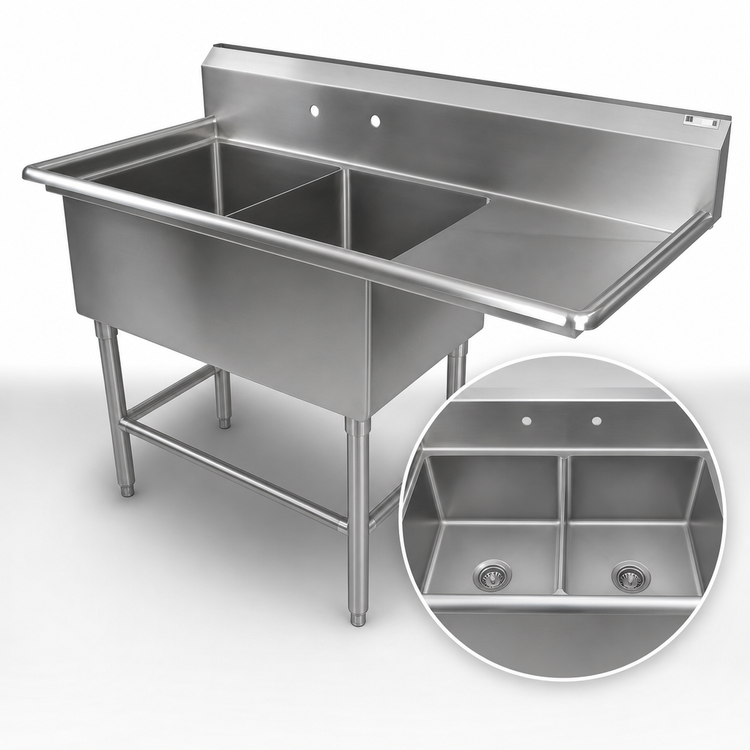 Product image #3 for John Boos Pro-Bowl Freestanding 2-Compartment 14-Gauge Stainless Steel Sink with Right Drainboard, 74-3/16 Inch x 25-1/2 Inch