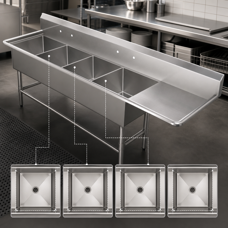 Product image #3 for John Boos Pro-Bowl 4-Compartment Sink with Right-Hand Drainboard, 18 x 24 x 14-Inch Bowls, 16-Gauge Stainless Steel