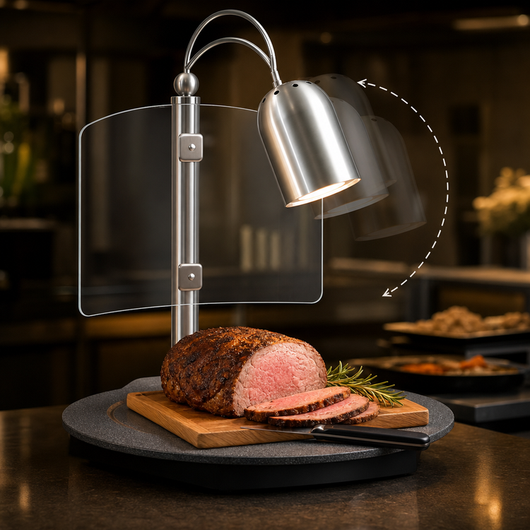Product image #3 for Hatco Decorative Freestanding Carving Station with Round Heated Simulated Stone Base, Single Heat Lamp, Sneeze Guard, and Cutting Board