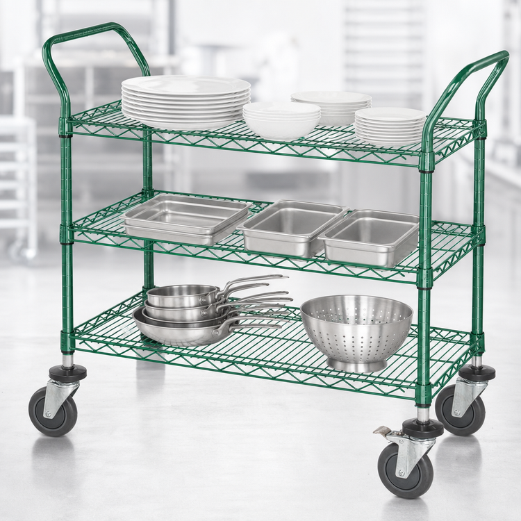 Product image #3 for Quantum 3-Shelf Wire Utility Cart, 48 x 18 x 37.5 Inches, Green Epoxy Antimicrobial Finish
