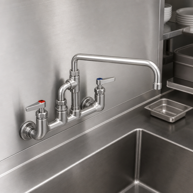 Product image #3 for T&S Brass Double Pantry Faucet with Add-On Faucet, Wall Mount, 8-Inch Centers, 12-Inch Swing Nozzle