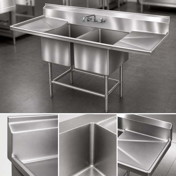 Product image #3 for Eagle Spec-Master FN Series Two-Compartment Coved Corner Stainless Steel Sink with 30-Inch Right Drainboard, 67-1/2-Inch Wide