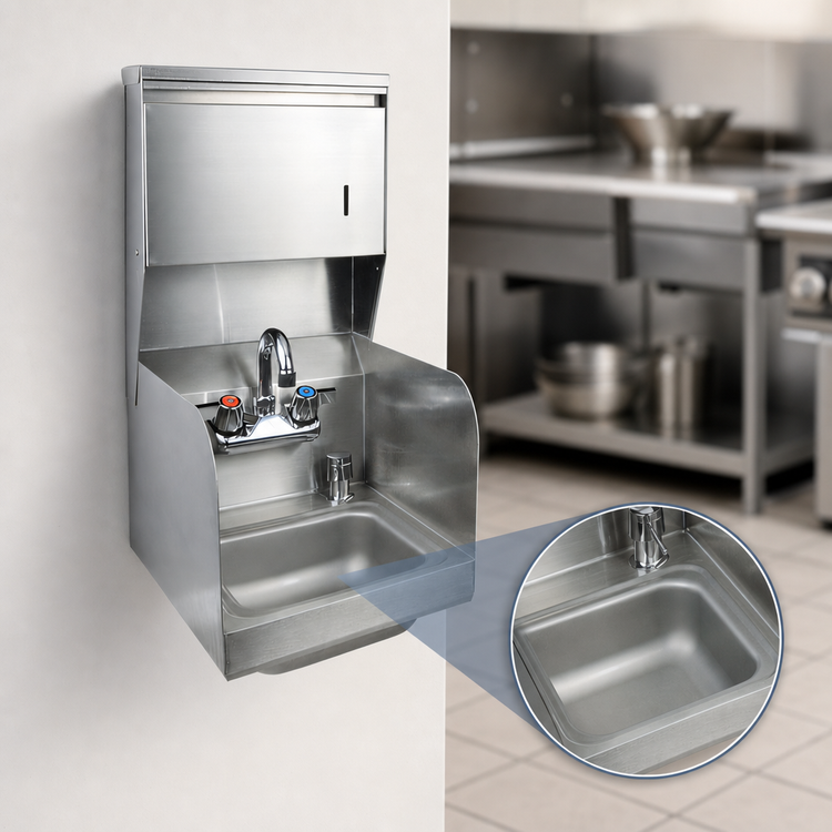 Product image #3 for BK Resources Space Saver Wall-Mount Hand Sink with Faucet, Towel and Soap Dispensers, Dual Side Splashes, 9 x 9 Bowl