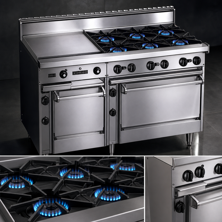 Product image #3 for Bistro 60-Inch Gas Restaurant Range with 4 Open Burners, 36-Inch Griddle, Space Saver Oven, and Convection Oven