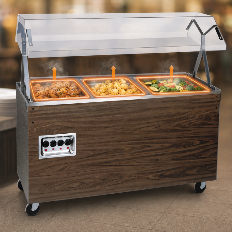 Product image #3 for Vollrath 2-Series Affordable Portable™ 3-Well Mobile Hot Food Station with Lighted Buffet Breath Guard, Enclosed Cherry Woodgrain Base