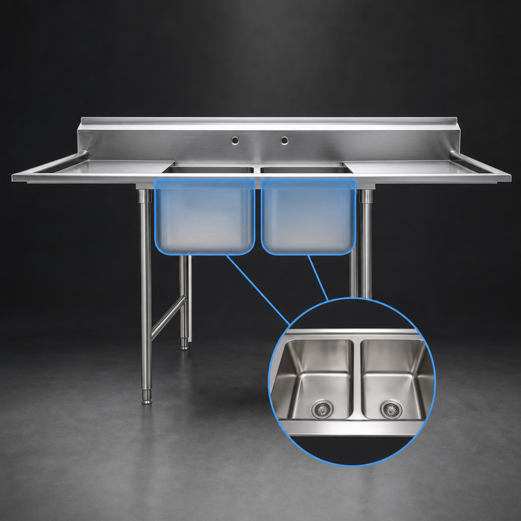 Product image #3 for Eagle Group 414 Series Floor Model Two-Compartment Sink with Left and Right Drainboards, 72-1/4" W x 27-1/2" D