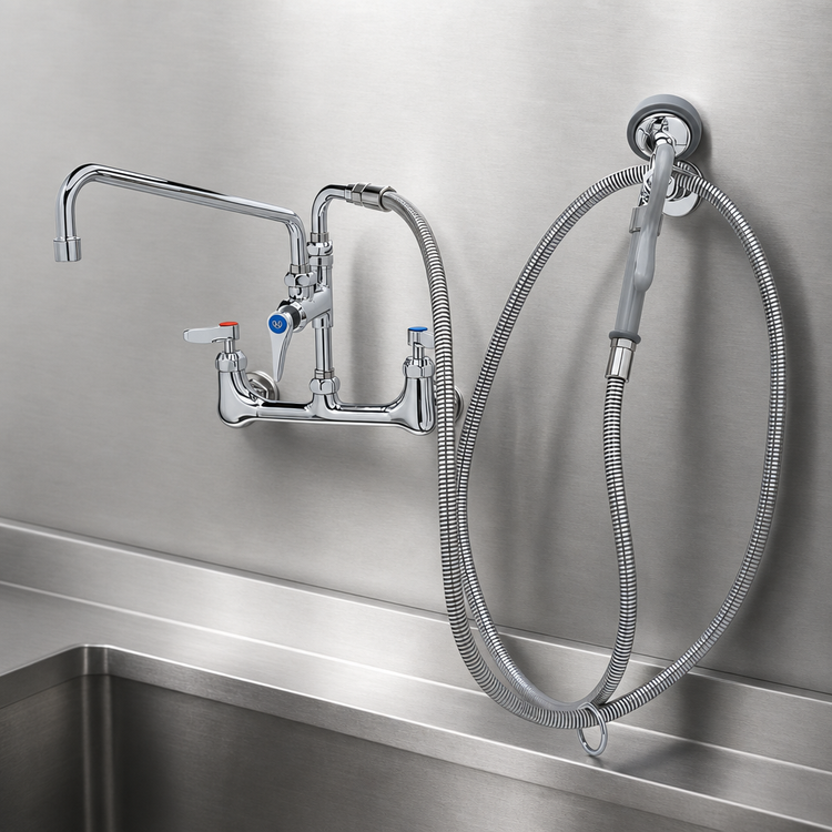 Product image #3 for Wall-Mount Mixing Pre-Rinse Faucet Spray Assembly with 12-Inch Swing Nozzle and 104-Inch Hose