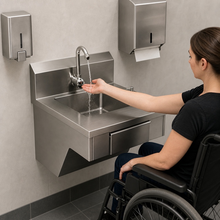 Product image #3 for Eagle Group Wall-Mount Physically Challenged Stainless Steel Hand Sink with 14" x 16" x 5" Bowl, Electronic Eye Faucet, Skirt, Soap Dispenser and Paper Towel Dispenser
