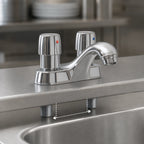 Thumbnail image #3 for BK Resources MF-4D-G Deck-Mount Lead-Free Hot and Cold Metering Faucet, 4-Inch Centers, Chrome-Plated Brass