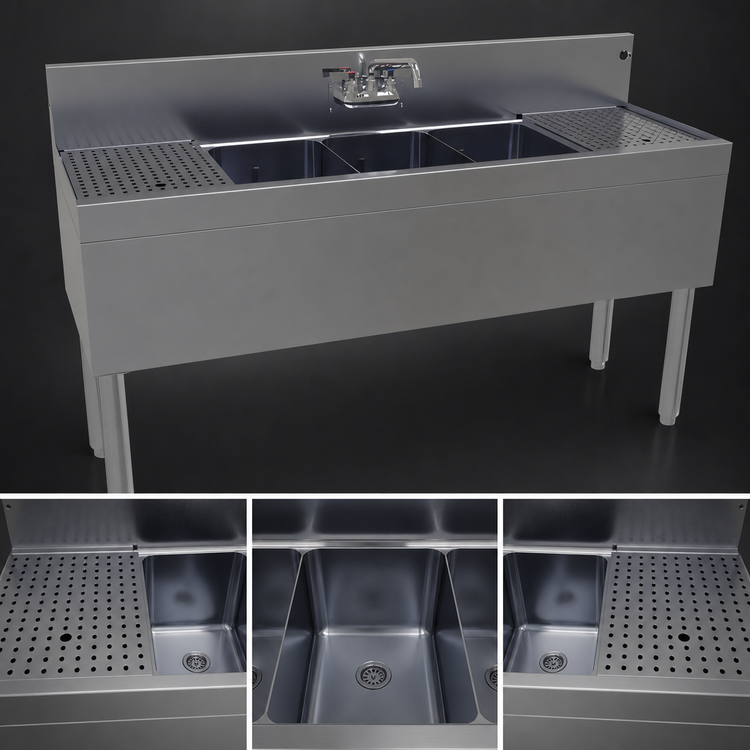 Product image #3 for Glastender Three-Compartment Underbar Sink Unit with Dual Drainboards, 60" W x 24" D, Stainless Steel