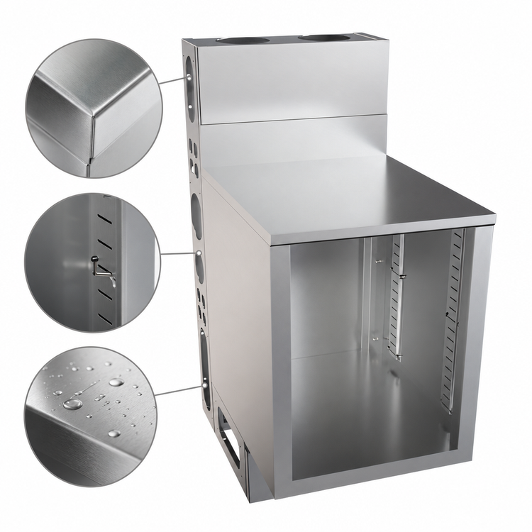 Product image #4 for BK Resources 18 x 21 Inch Flat Top Open Base Underbar Cabinet with Die Wall, 304 Stainless Steel