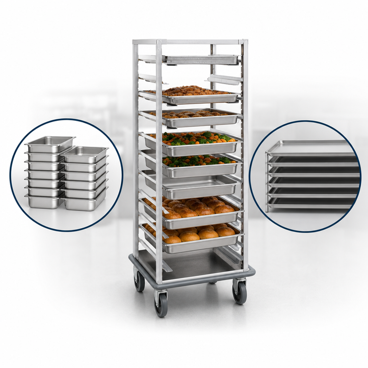 Product image #3 for Dinex Open-Sided Full-Height Mobile Aluminum Universal Guide Roll-In Pan Rack for 24 12 x 20 or 12 18 x 26 Pans