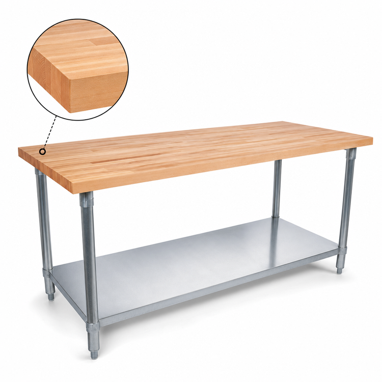 Product image #3 for John Boos 108 Inch x 30 Inch Wood Top Work Table with 2-1/4 Inch Northern Hard Rock Maple Top and Stainless Steel Undershelf