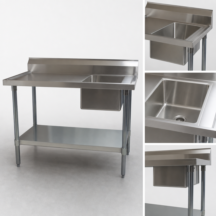 Product image #3 for BK Resources 72-Inch x 30-Inch 18-Gauge Stainless Steel Sink Work Table with Right-Hand Prep Sink, Marine Edge, 6-Inch Riser, and Open Undershelf