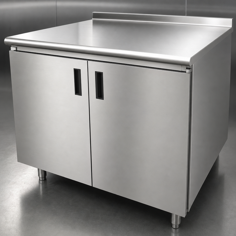 Product image #3 for Advance Tabco Enclosed Stainless Steel Work Table with 14 Gauge 304 Top, Cabinet Base, Mid-Shelf and Hinged Doors, 72 x 30 Inches