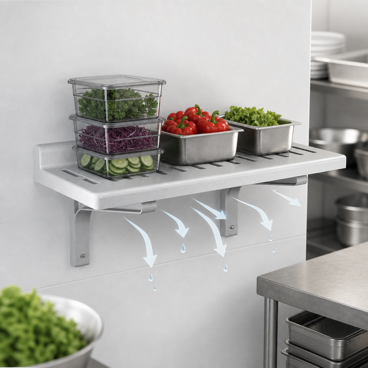 Product image #4 for Cambro Camshelving Wall-Mounted Vented Shelf with 2-Inch Molded Backsplash, 36"W x 14"D x 13-1/2"H, Speckled Gray