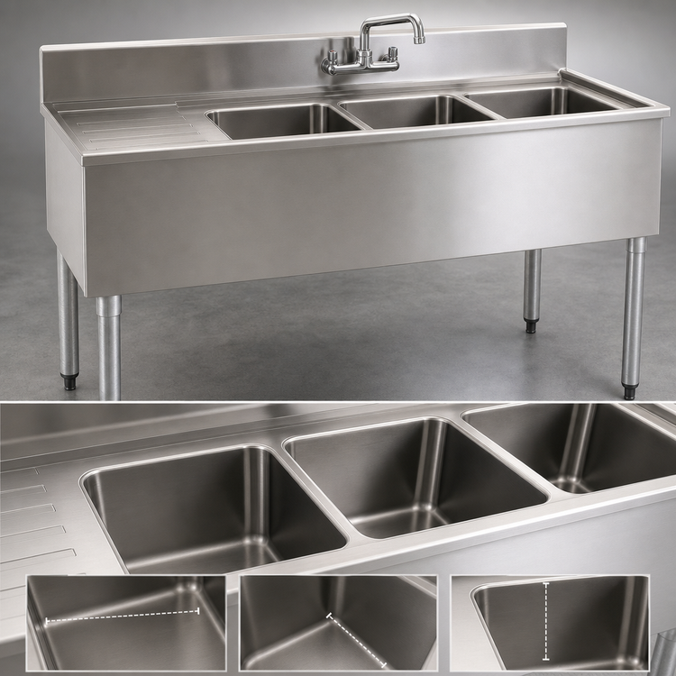 Product image #3 for Eagle Group 1800 Series 48-Inch Three-Compartment Underbar Sink Unit with Left Drainboard and Faucet