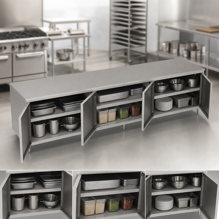 Product image #3 for John Boos Enclosed Stainless Steel Work Table with Cabinet Base and 3 Hinged Door Sets, 132 x 36 Inches