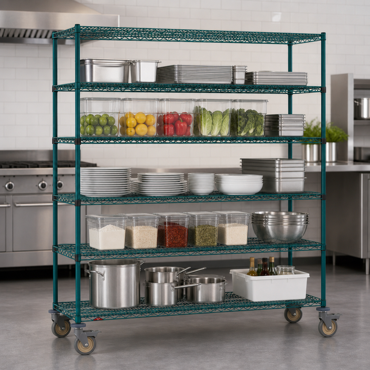 Product image #3 for Super Erecta 5-Tier Wire Stem Caster Cart, 60" W x 24" D x 68" H, Metroseal 3 Green Epoxy Finish