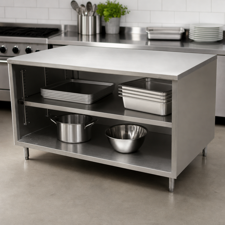Product image #3 for BK Resources 60-Inch x 30-Inch Open Front Stainless Steel Chef Table Cabinet Base