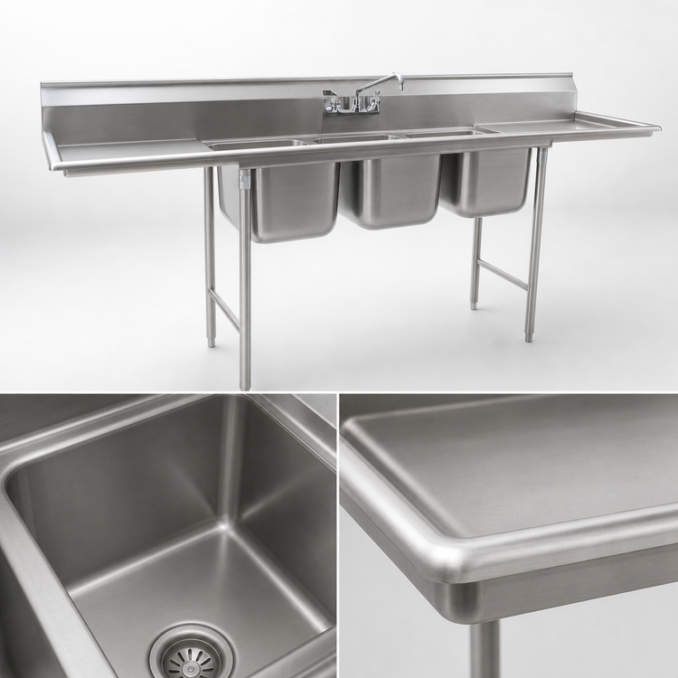 Product image #3 for Eagle Group 414 Series Coved Corner Three-Compartment Sink with Dual 18-Inch Drainboards