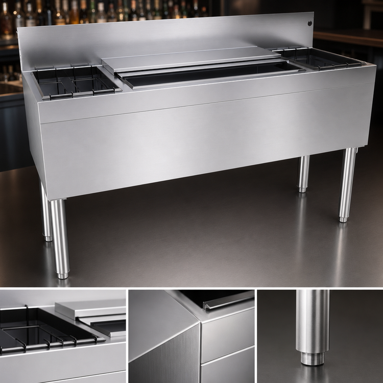 Product image #3 for Glastender 54 Inch Underbar Combo Ice Bin/Cocktail Unit with 10-Circuit Cold Plate and Dual Bottle Wells