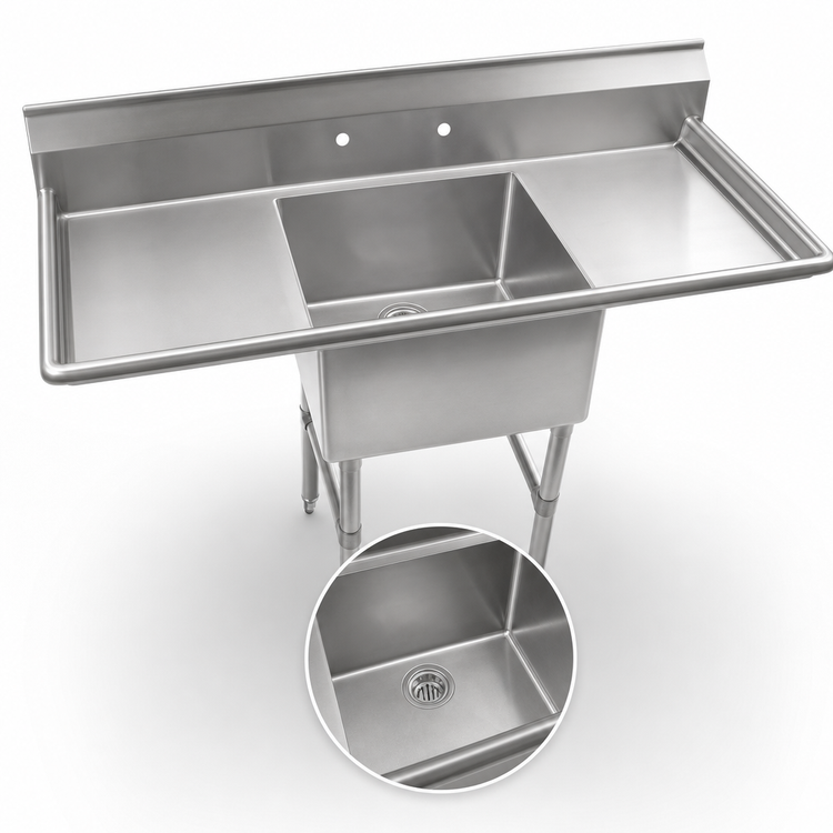 Product image #3 for Klinger's Trading Economy Single-Compartment Stainless Steel Sink with Dual Drainboards, 52 x 26 Inches