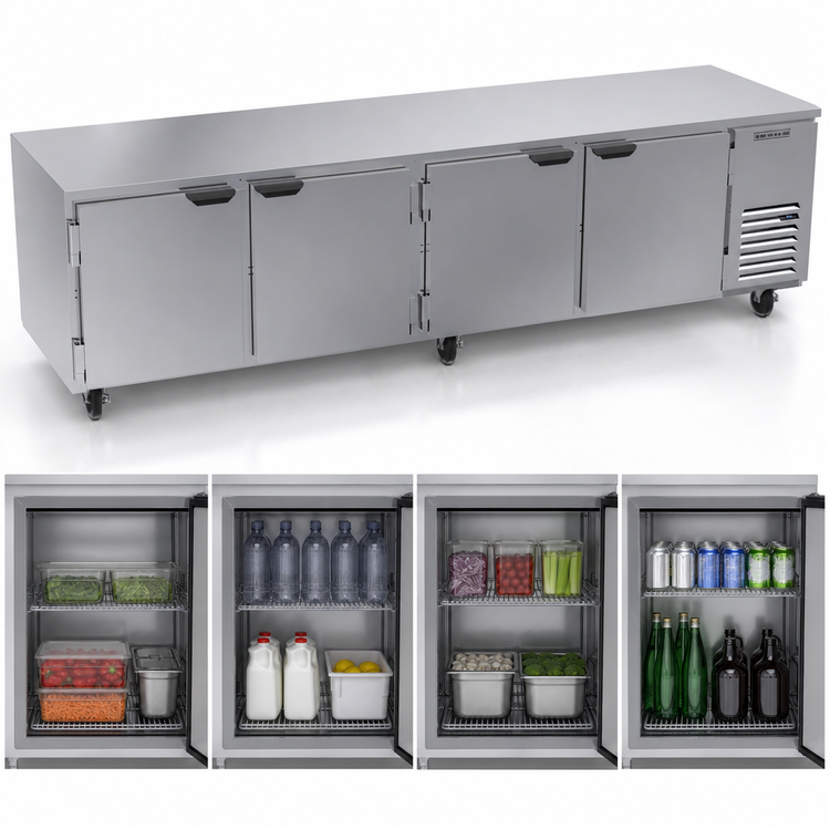 Product image #4 for Beverage-Air Four-Section Undercounter Reach-In Refrigerator, Side-Mount Self-Contained, 118 Inch Wide, Solid Doors