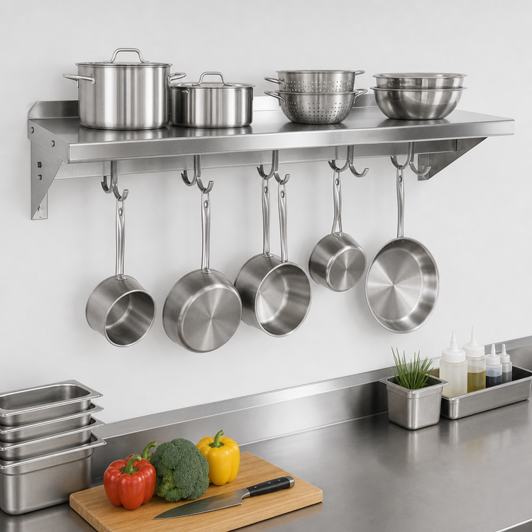 Product image #3 for John Boos Stallion 120-Inch Wall-Mount Stainless Steel Pot Rack Shelf with 10 Hooks