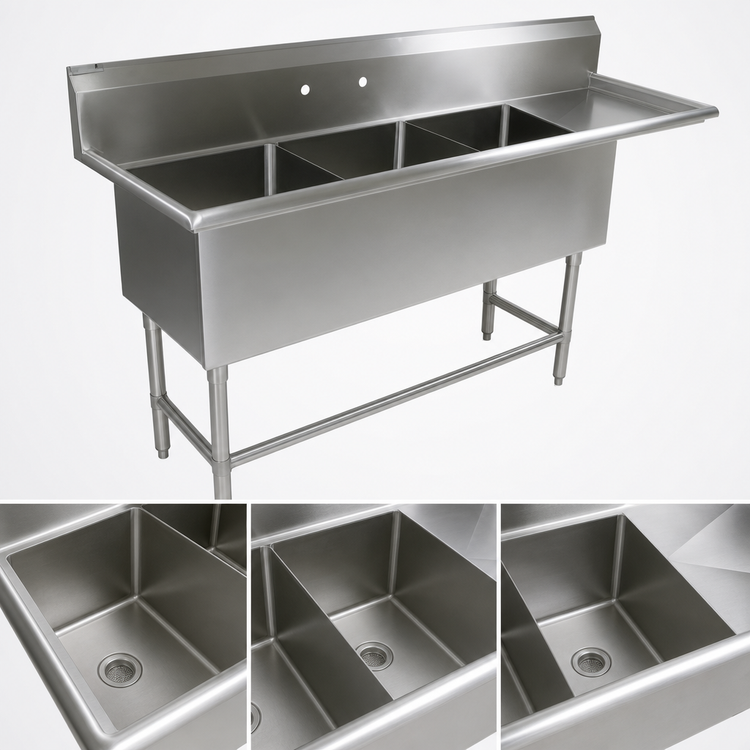Product image #3 for John Boos Pro-Bowl 3-Compartment Sink with Right Drainboard, 16 x 20 x 14 Inch Bowls, 14-Gauge Stainless Steel