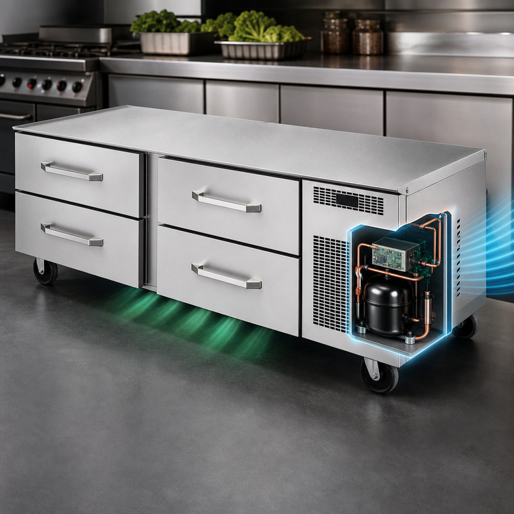 Product image #3 for Randell 120-Inch Three-Section Self-Contained Refrigerated Chef Base with 6 Drawers, Right-Side Compressor
