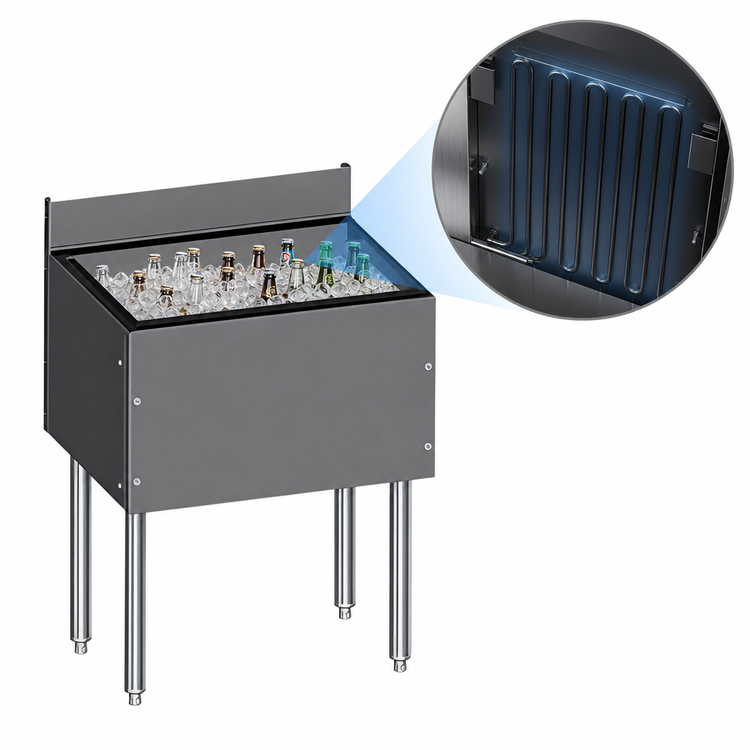 Product image #3 for CHOICE 42-Inch Wide Underbar Ice Bin with Built-In 10-Circuit Cold Plate, 24-Inch Deep, 149 lb. Capacity