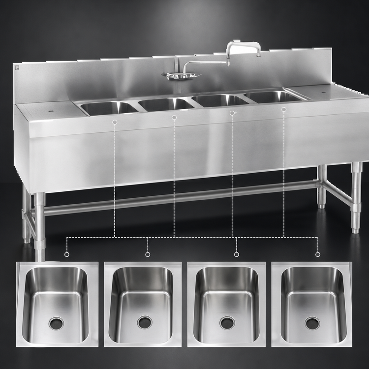 Product image #3 for Eagle Spec-Bar 4-Compartment Underbar Sink Unit with Left and Right Drainboards, 72-Inch Long x 24-Inch Deep