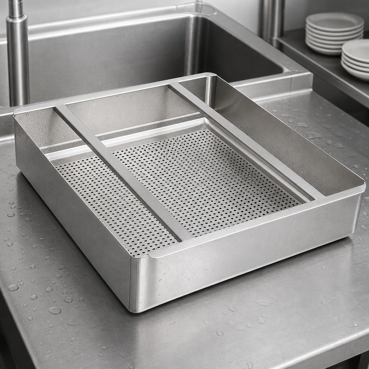 Product image #3 for 19-1/2 x 19-1/2 x 5 Inch Deep Stainless Steel Drain Basket for Dish Tables